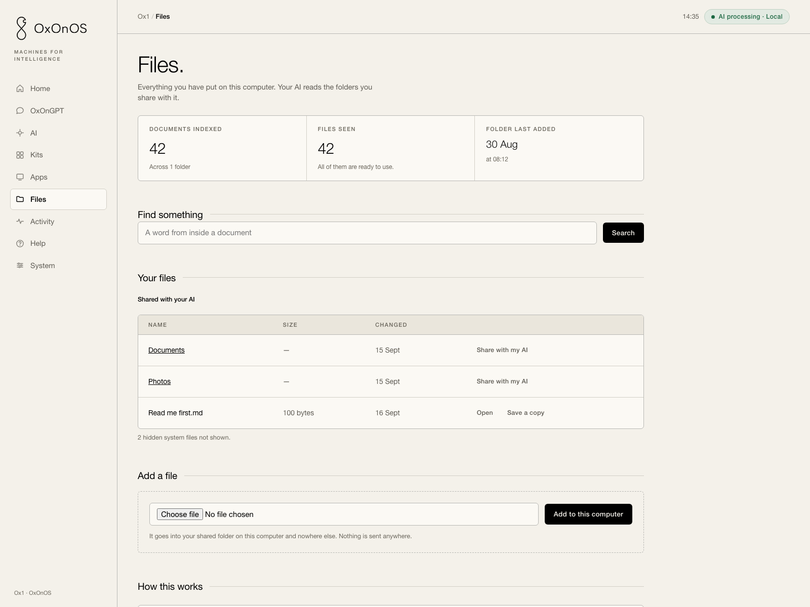 The Files screen. Three readings: documents indexed, files seen, and when the last folder was added. A search box for a word from inside a document, a list of the folders shared with the AI, and an upload panel saying the file goes into your shared folder on this computer and nowhere else.